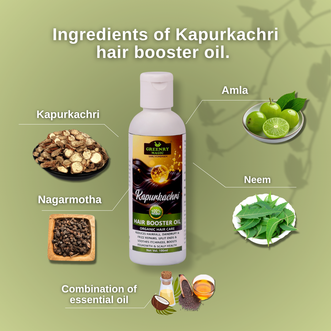 Greenry Magic Kapurkachri Hair Booster Oil – Revitalize Roots, Boost Natural Growth ,Infused  Whole Herbs in Bottle with Intention.